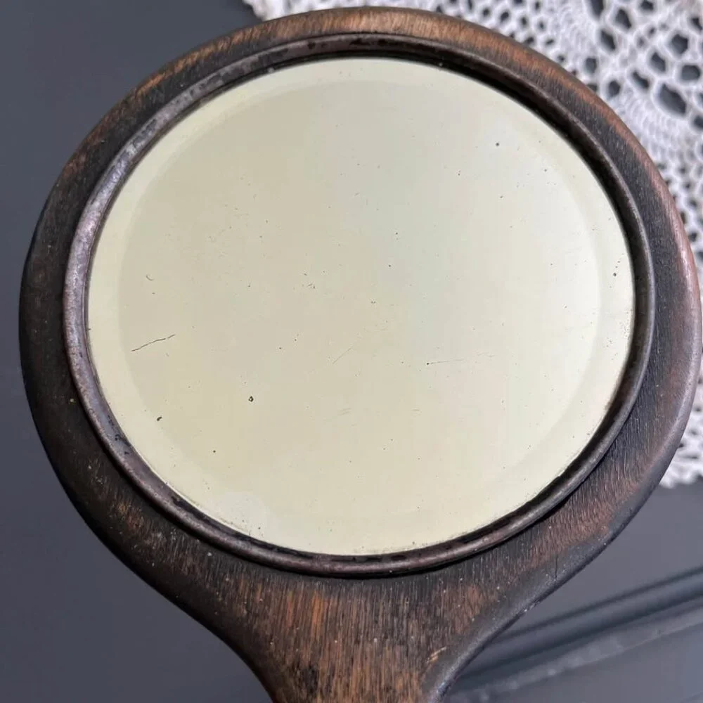 Vintage Wooden and Silver Vanity Hand Mirror Rustic Victorian Decor